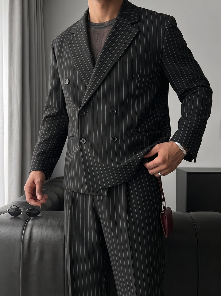 Oversize Pinstripe Double-Breasted Suit - Black