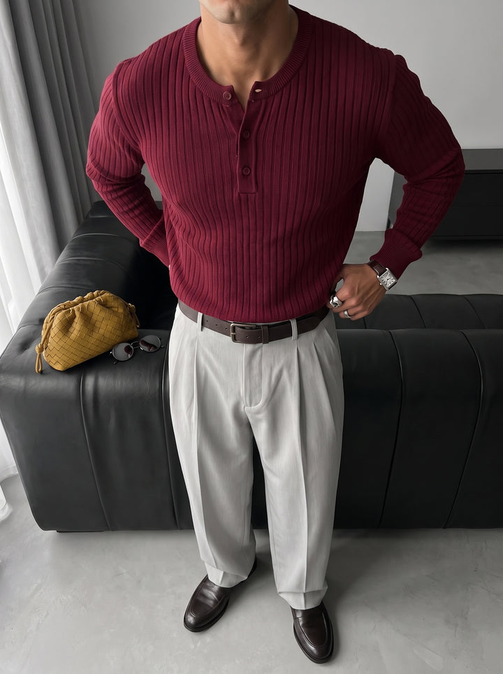 Slim Fit Button Knit Sweater - Bordeaux