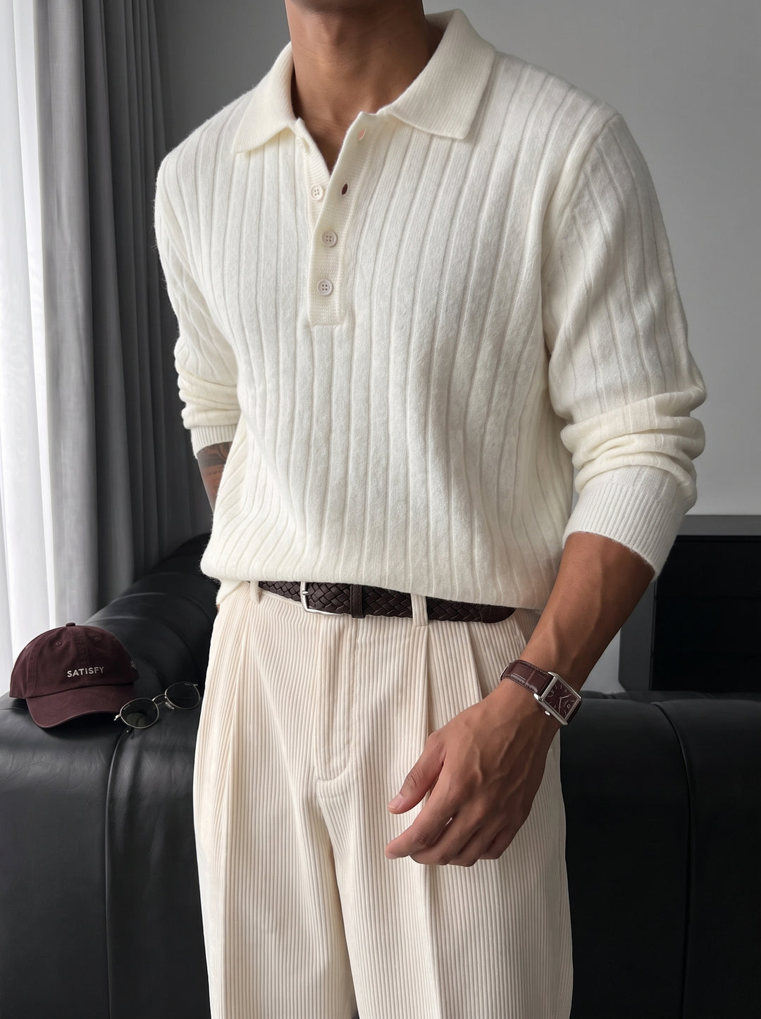 Loose Fit Polo Knit Pullover - Ecru
