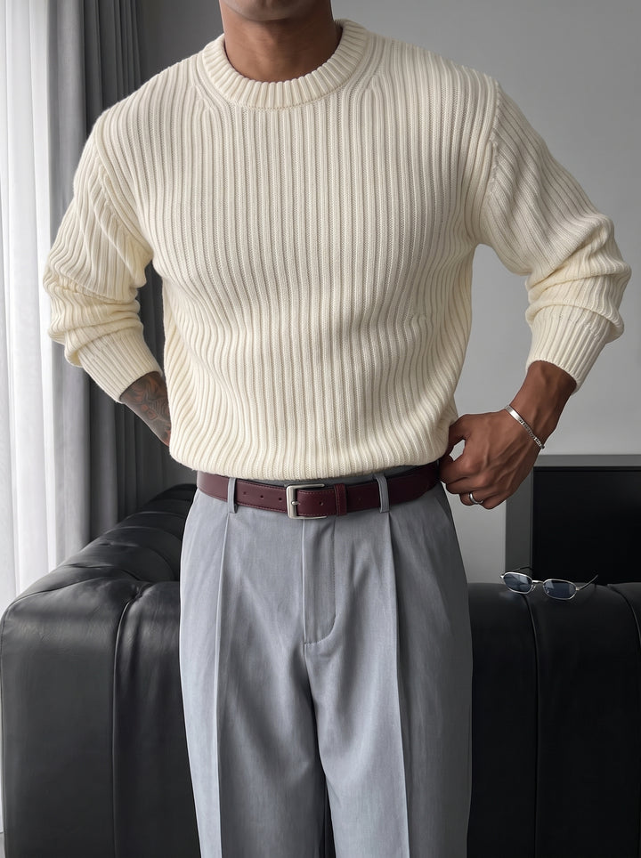 Loose Fit Striped Structure Pullover - Ecru