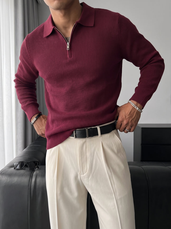 Loose Fit Polo Knit Sweater - Bordeaux