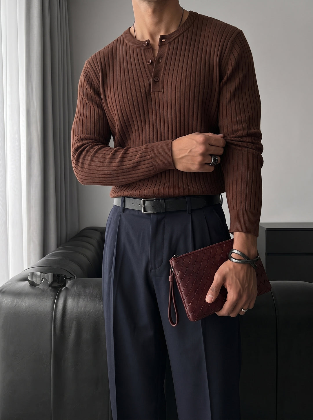 Slim Fit Button Knit Sweater - Brown