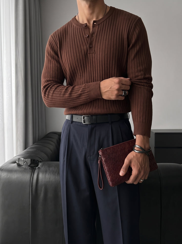 Slim Fit Button Knit Sweater - Brown