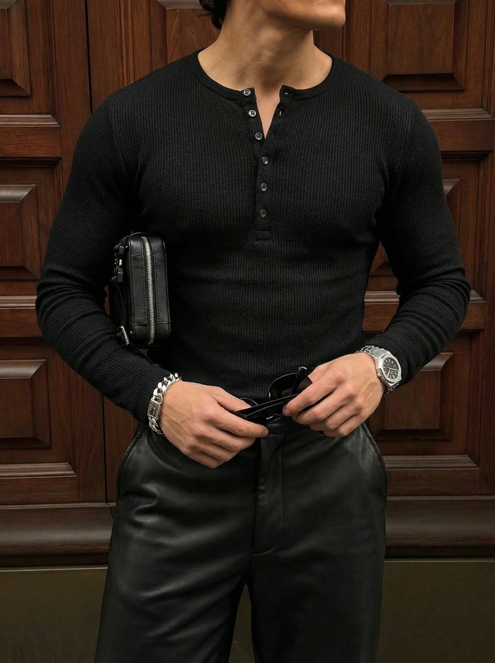 Slim Fit Long Arm Button T-shirt - Black
