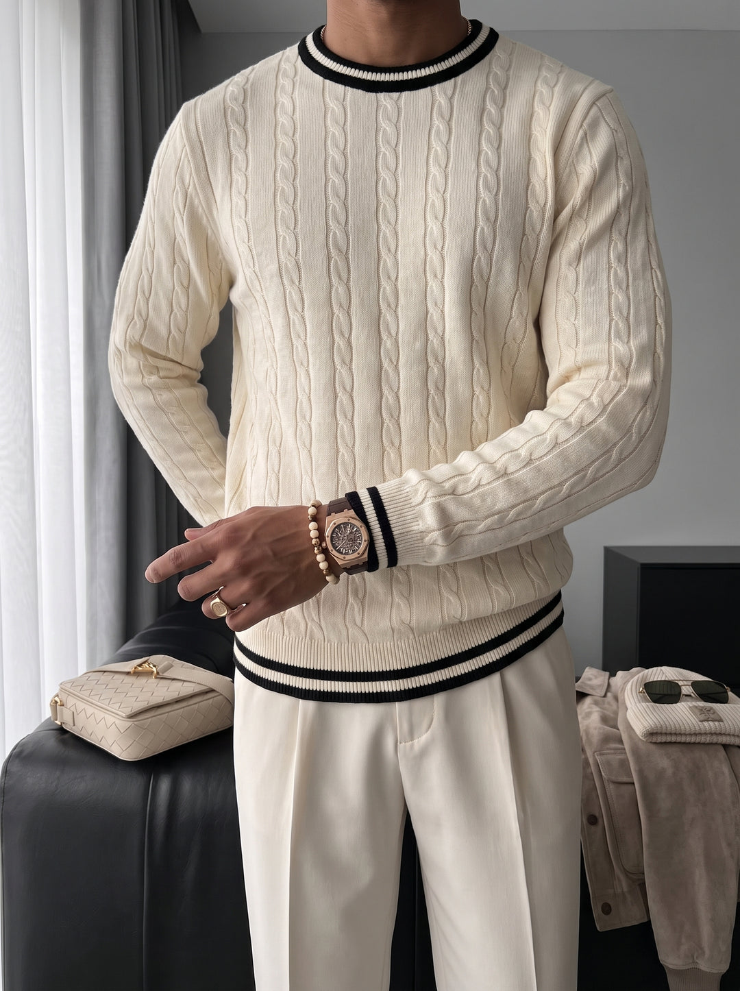 Regular Fit Braid Knit Sweater - Cream