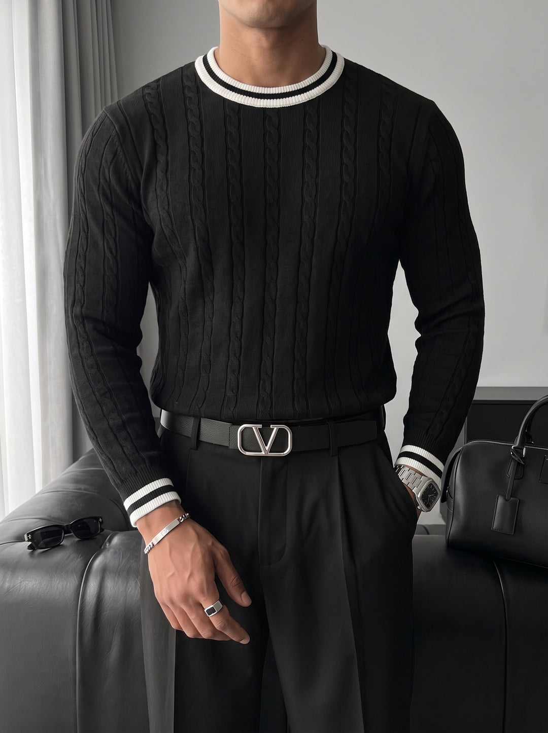 Regular Fit Braid Knit Sweater - Black