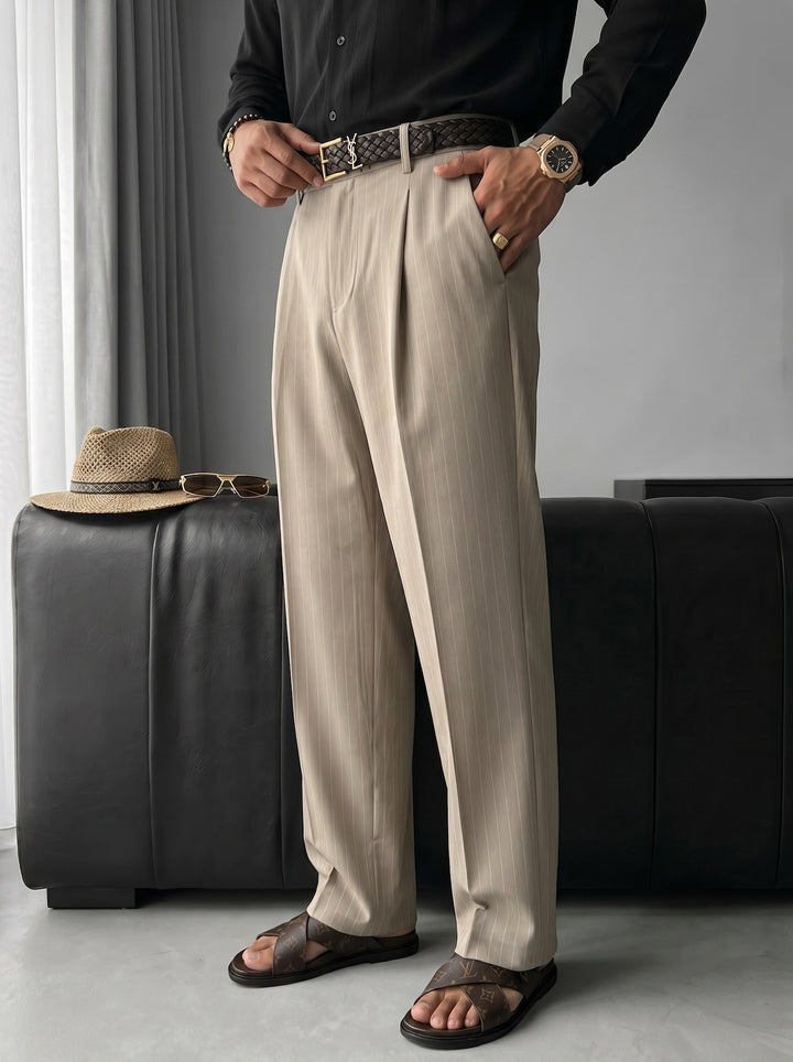 Loose Fit Striped Trousers - Beige