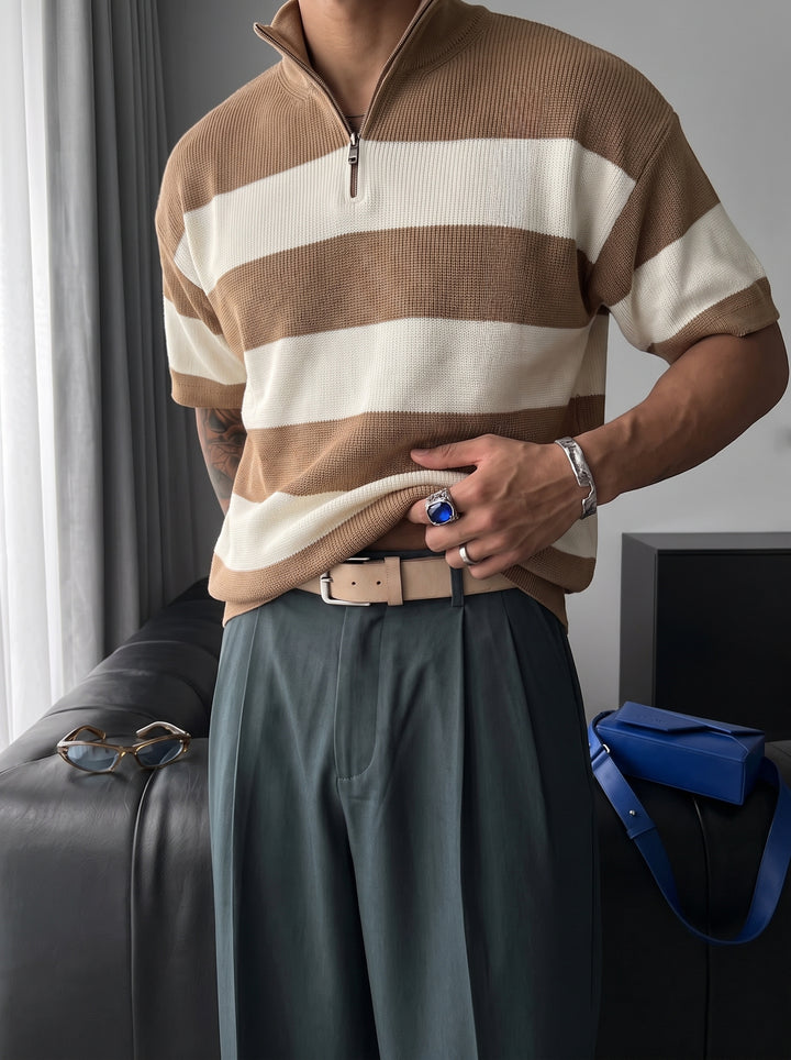 Regular Striped Knit T-shirt - Camel