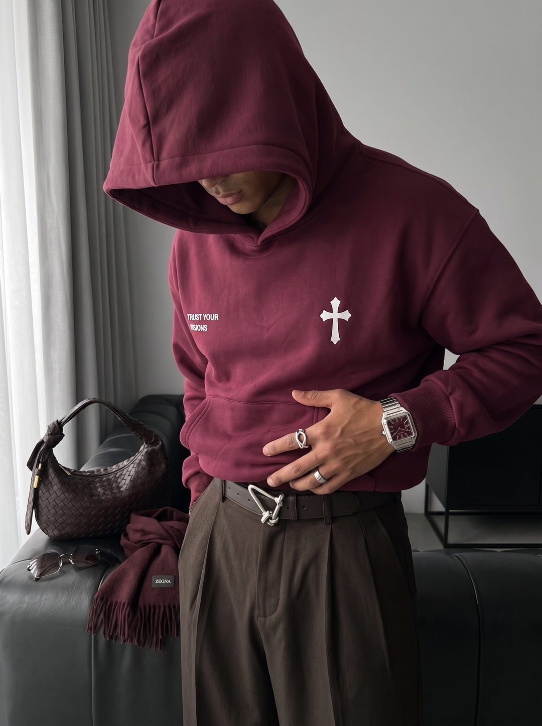 Oversize Cross Hoodie - Bordeaux