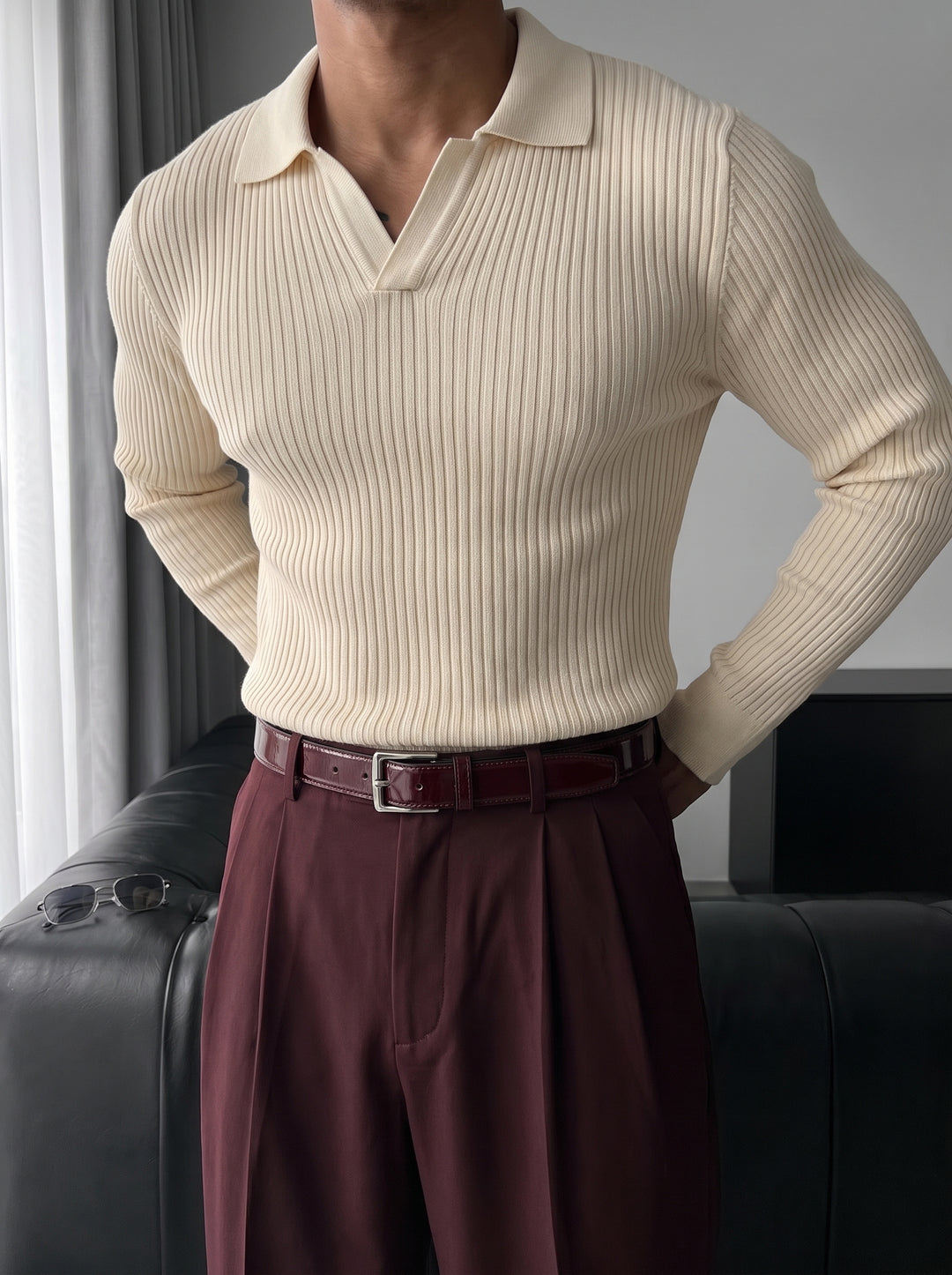 Slim Fit Knit Polo Sweater - Beige