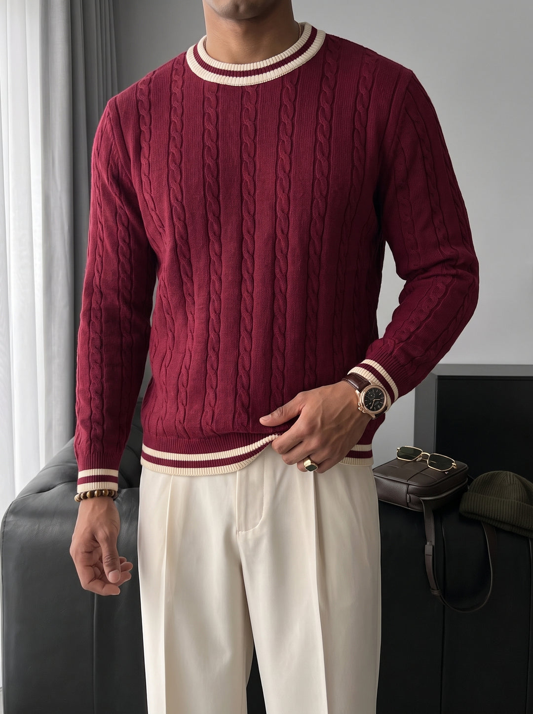 Regular Fit Braid Knit Sweater - Port Royale