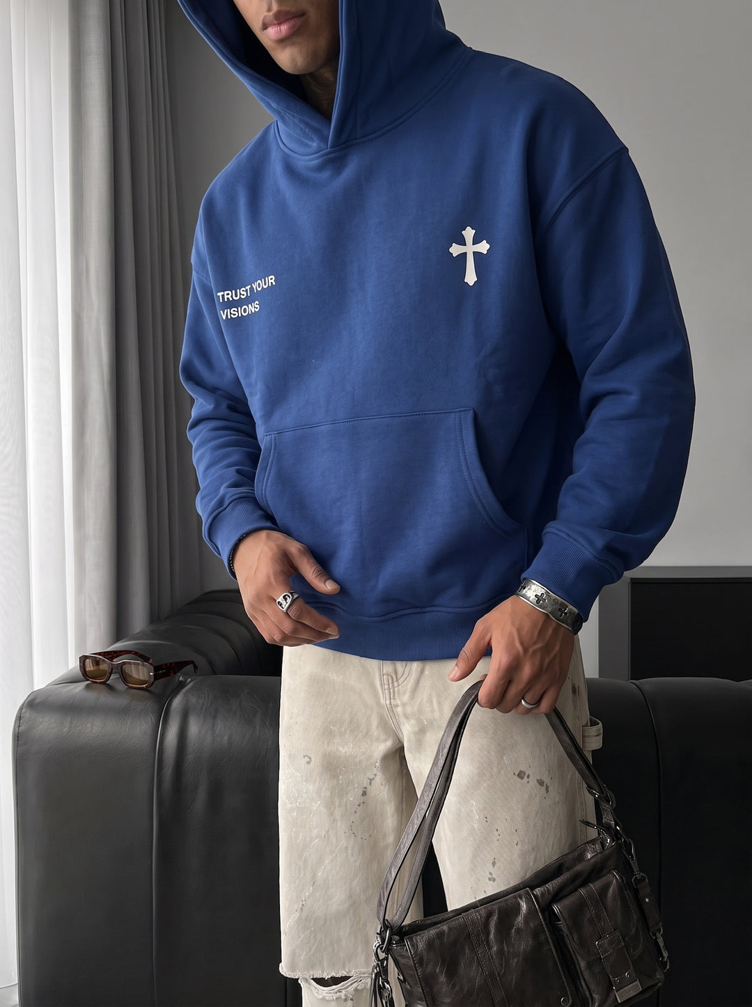 Oversize Cross Hoodie - Navy Peony