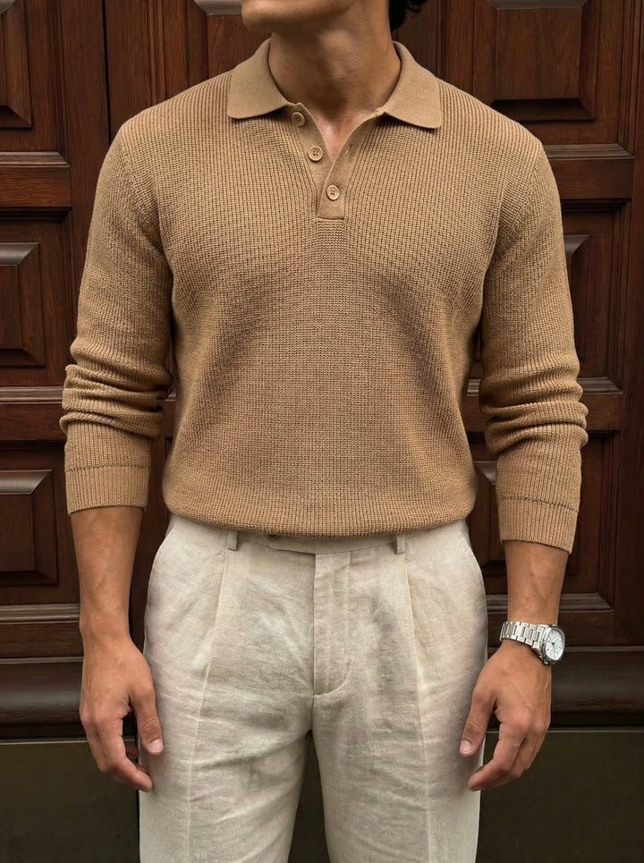 Loose Fit Knit Polo Sweater - Brown