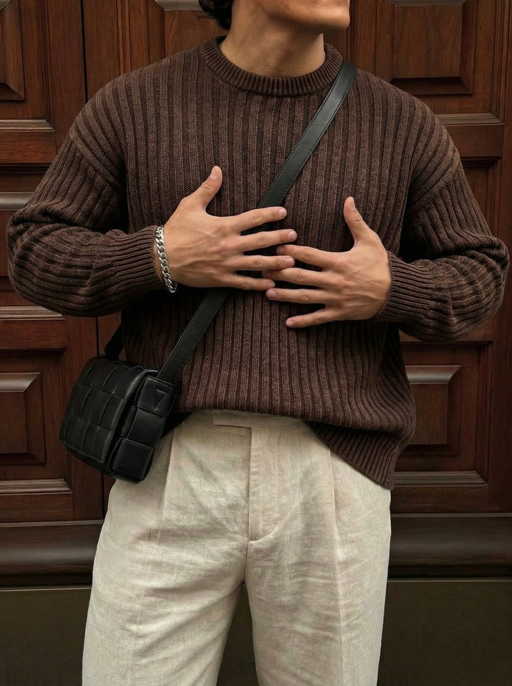 Oversize Ribbed Washed Sweater - Brown