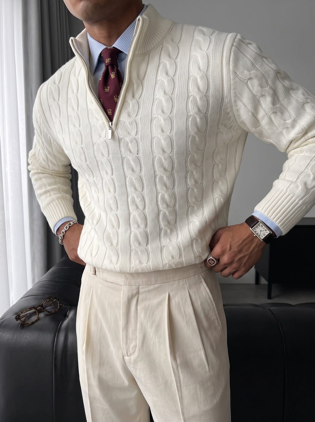 Oversize Collar Braid Pullover - Ecru