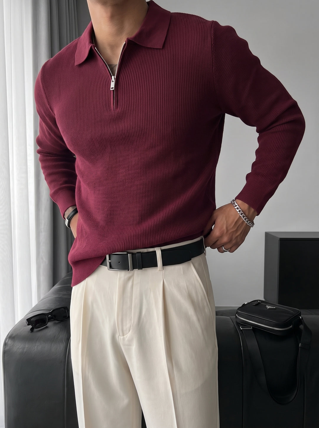 Loose Fit Polo Knit Sweater - Bordeaux