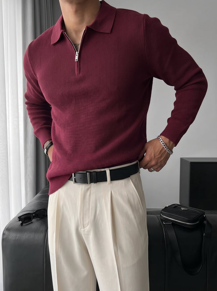 Loose Fit Polo Knit Sweater - Bordeaux