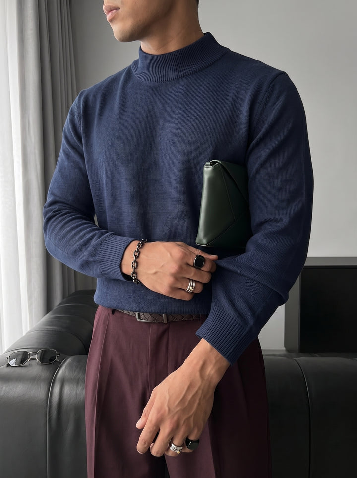 Loose Fit Half Neck Pullover - Navy Blue