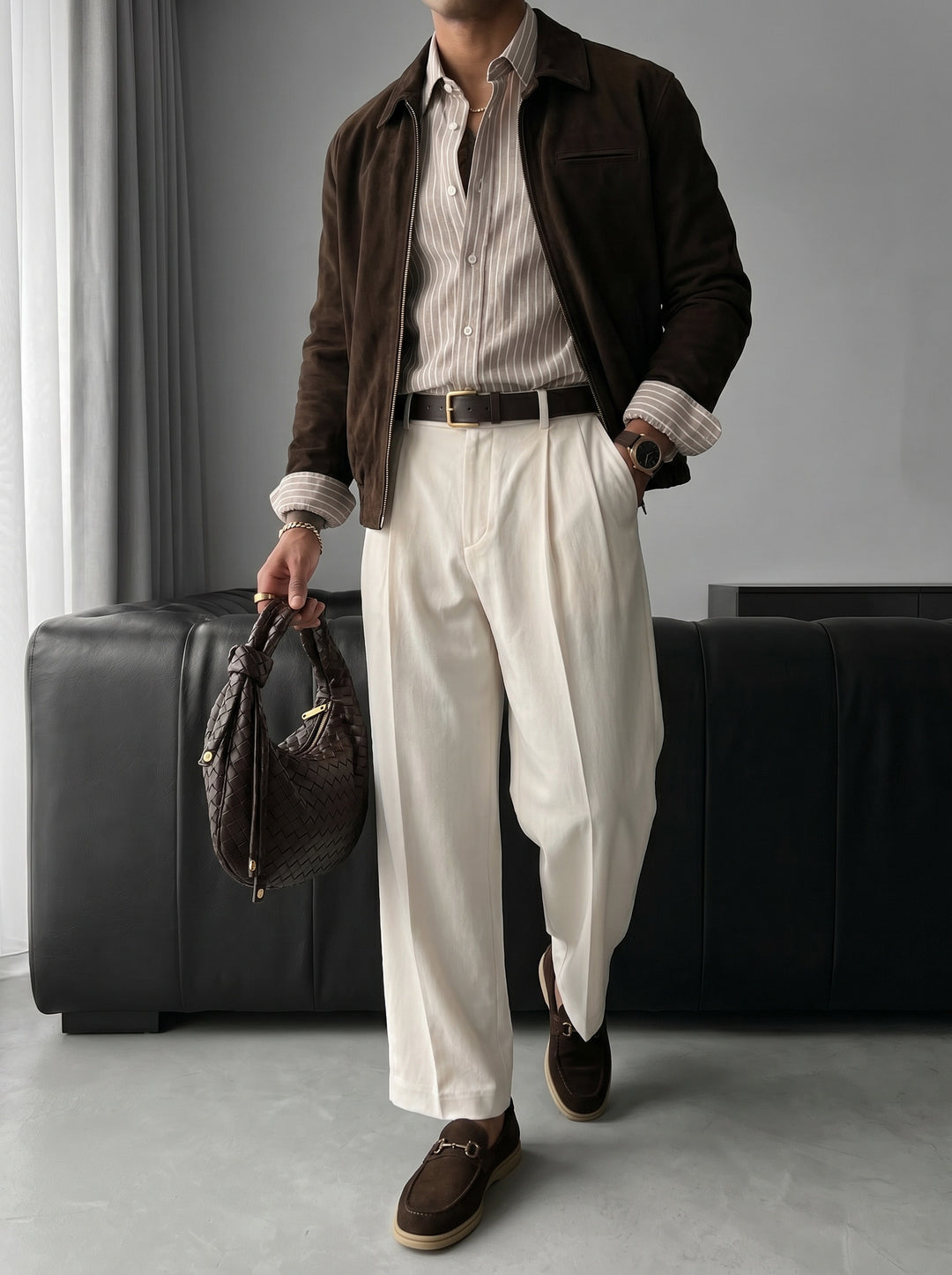 Oversize Cotton Thin Striped Shirt - Camel
