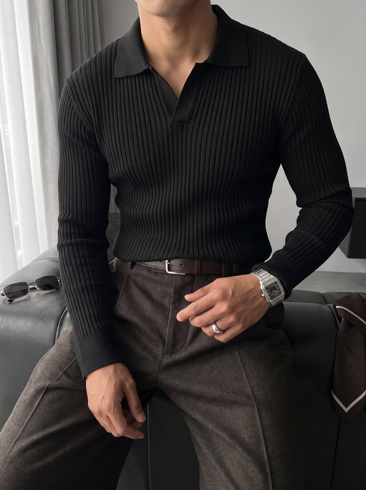 Slim Fit Knit Polo Sweater - Black