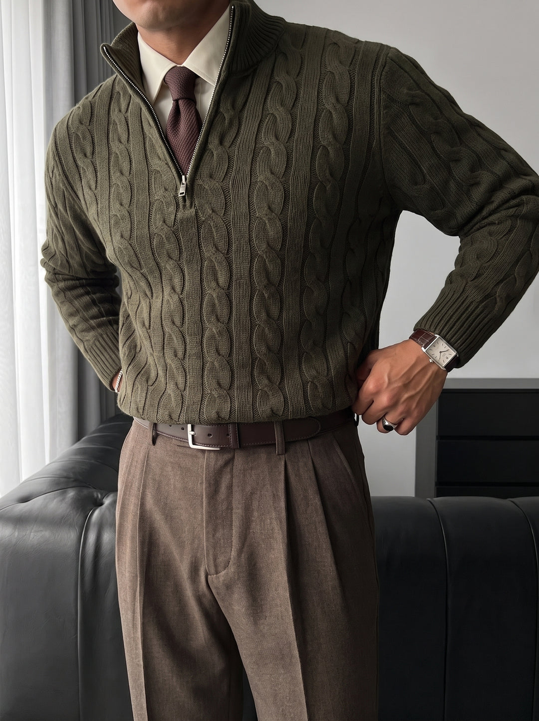 Oversize Collar Braid Pullover - Khaki