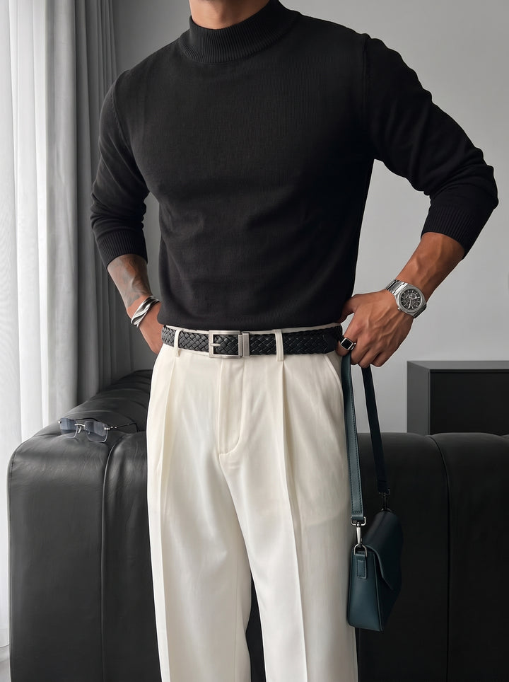 Loose Fit Half Neck Pullover - Black
