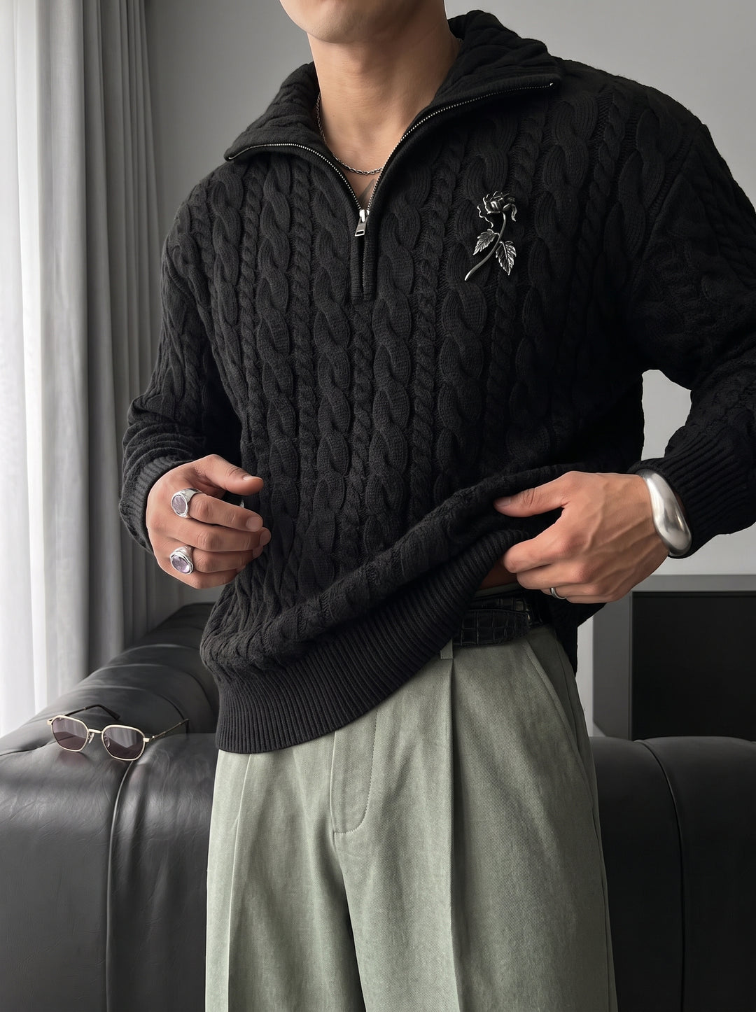 Oversize Collar Braid Zipper Pullover - Black