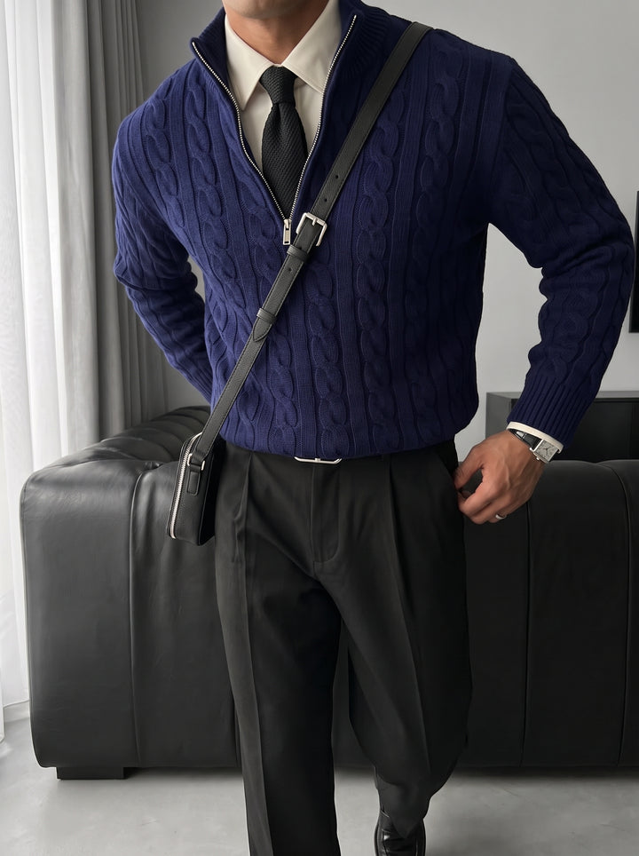 Oversize Collar Braid Pullover - Navy Blue