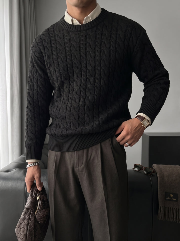 Oversize Knit Braid Sweater - Black