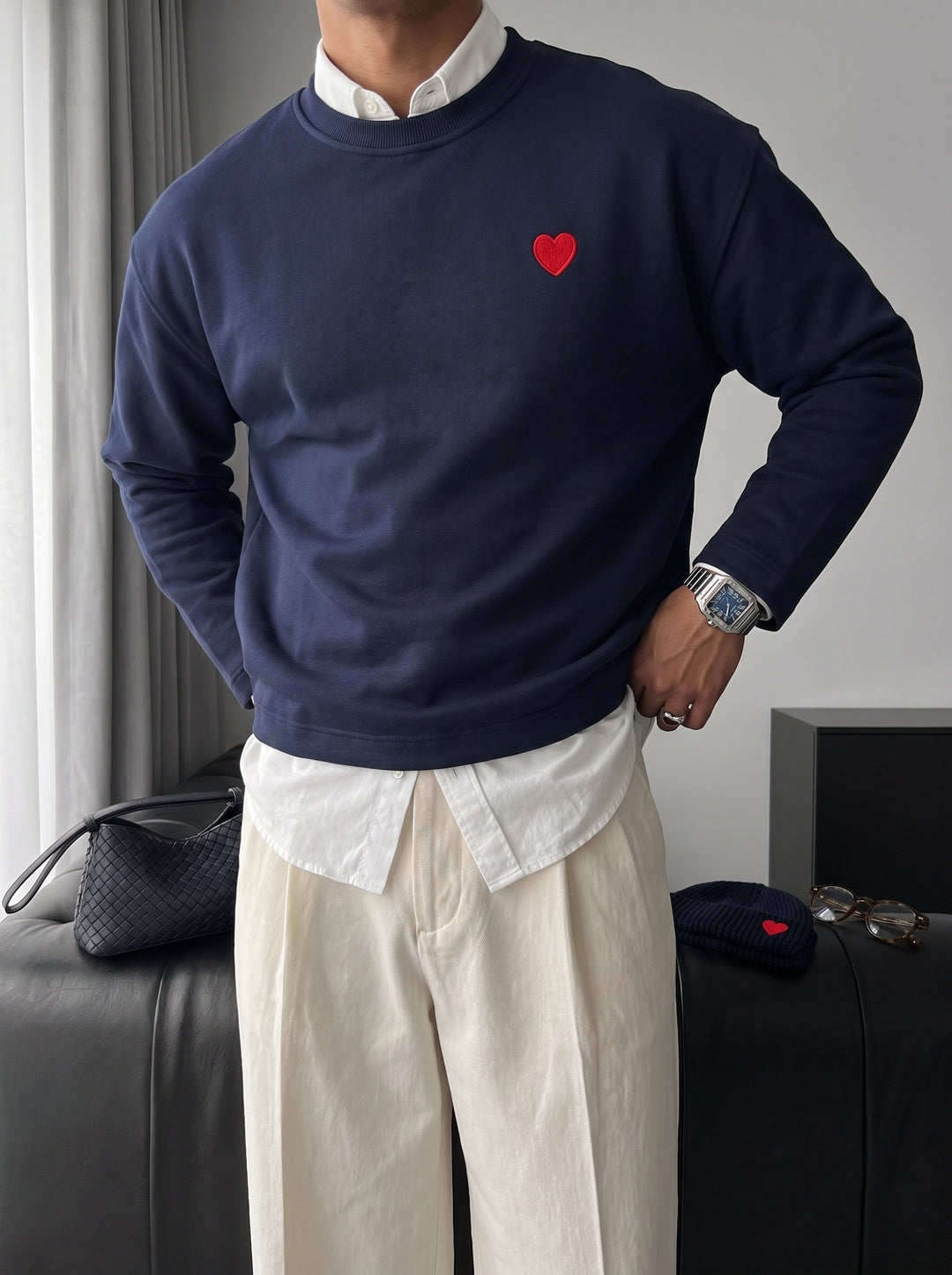Oversize Heart Detailed Sweatshirt - Navy Blue