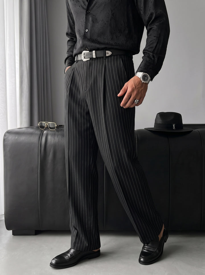 Loose Fit Striped Trousers - Black