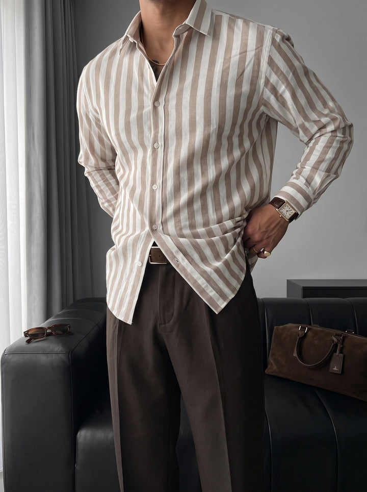 Oversize Cotton Striped Shirt - Camel