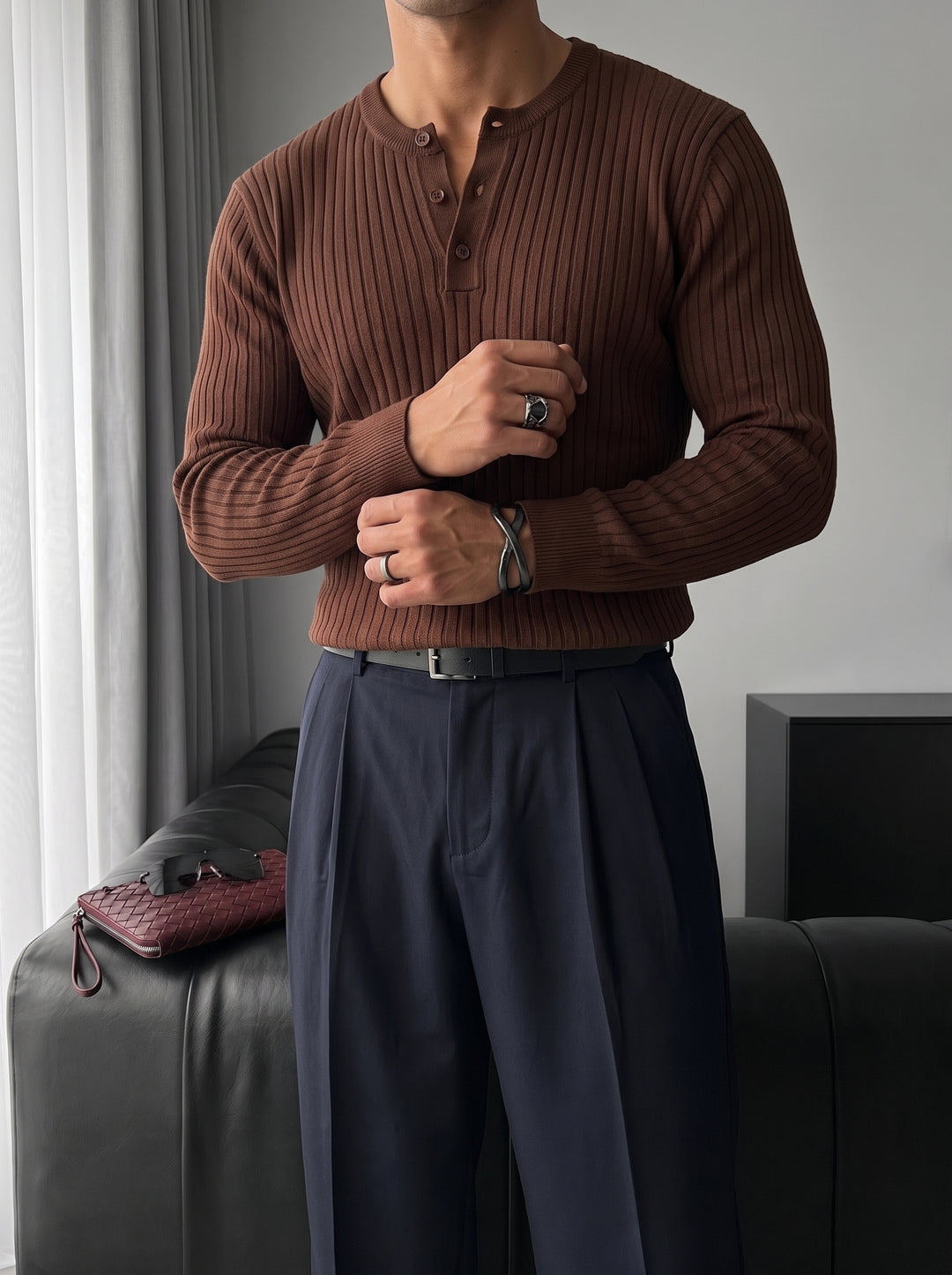 Slim Fit Button Knit Sweater - Brown