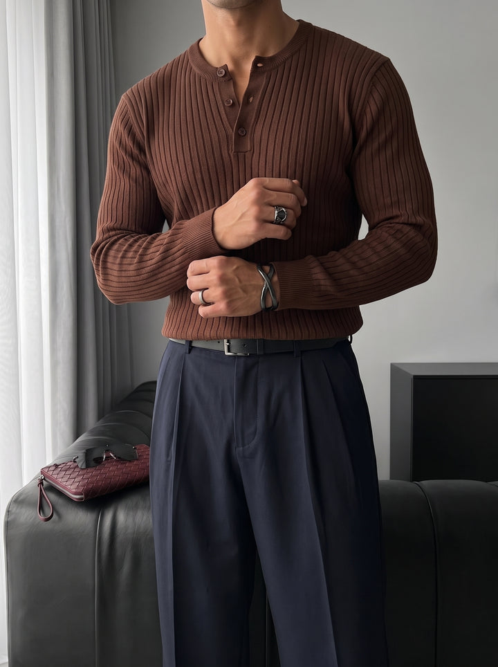 Slim Fit Button Knit Sweater - Brown