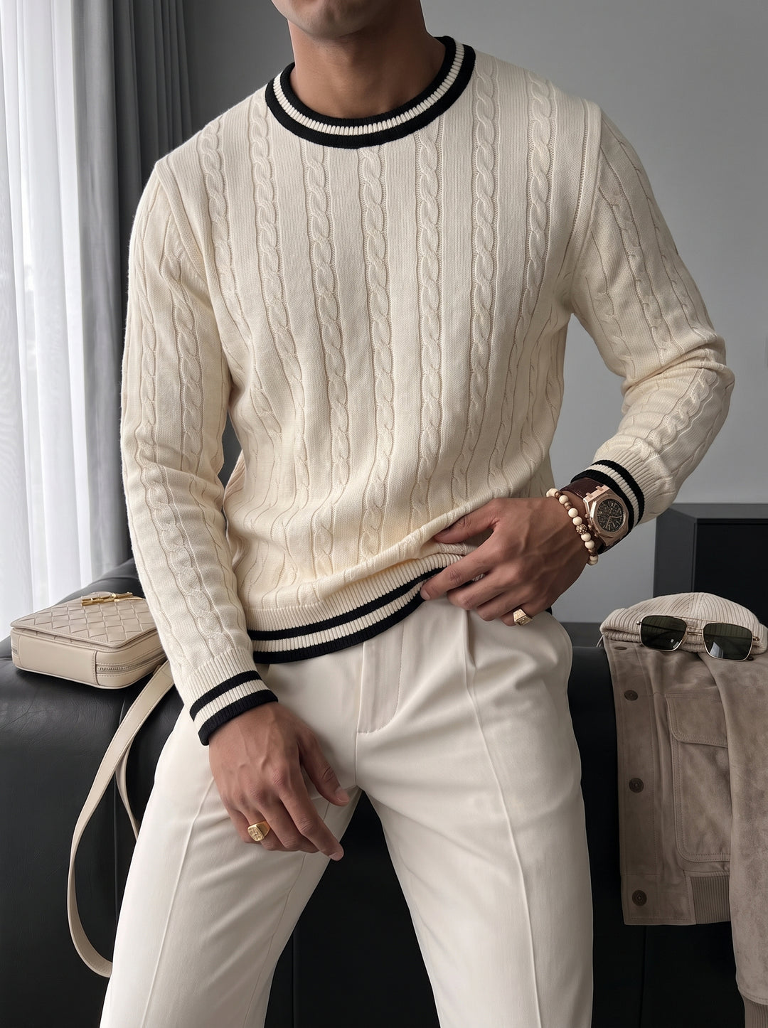 Regular Fit Braid Knit Sweater - Cream