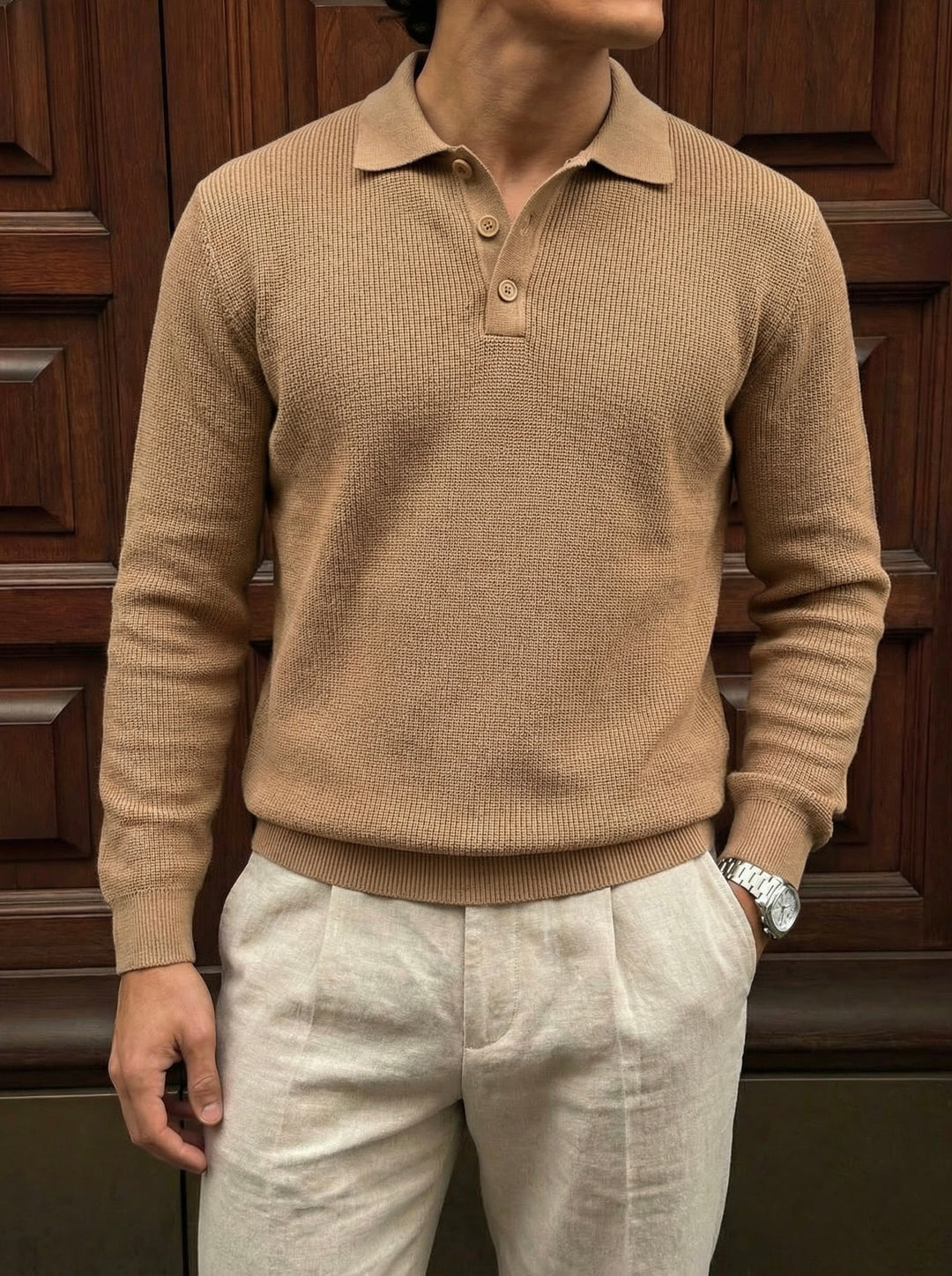 Loose Fit Knit Polo Sweater - Brown