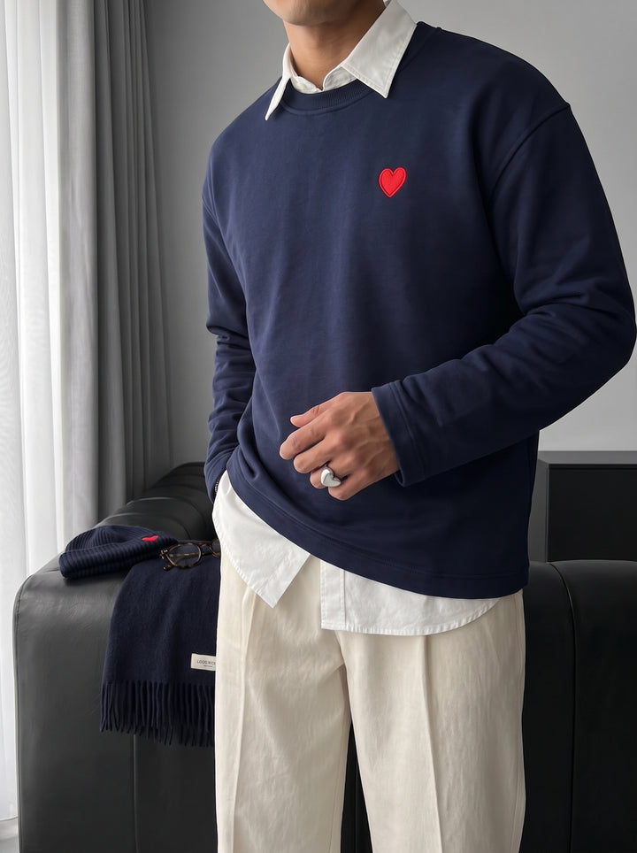 Oversize Heart Detailed Sweatshirt - Navy Blue