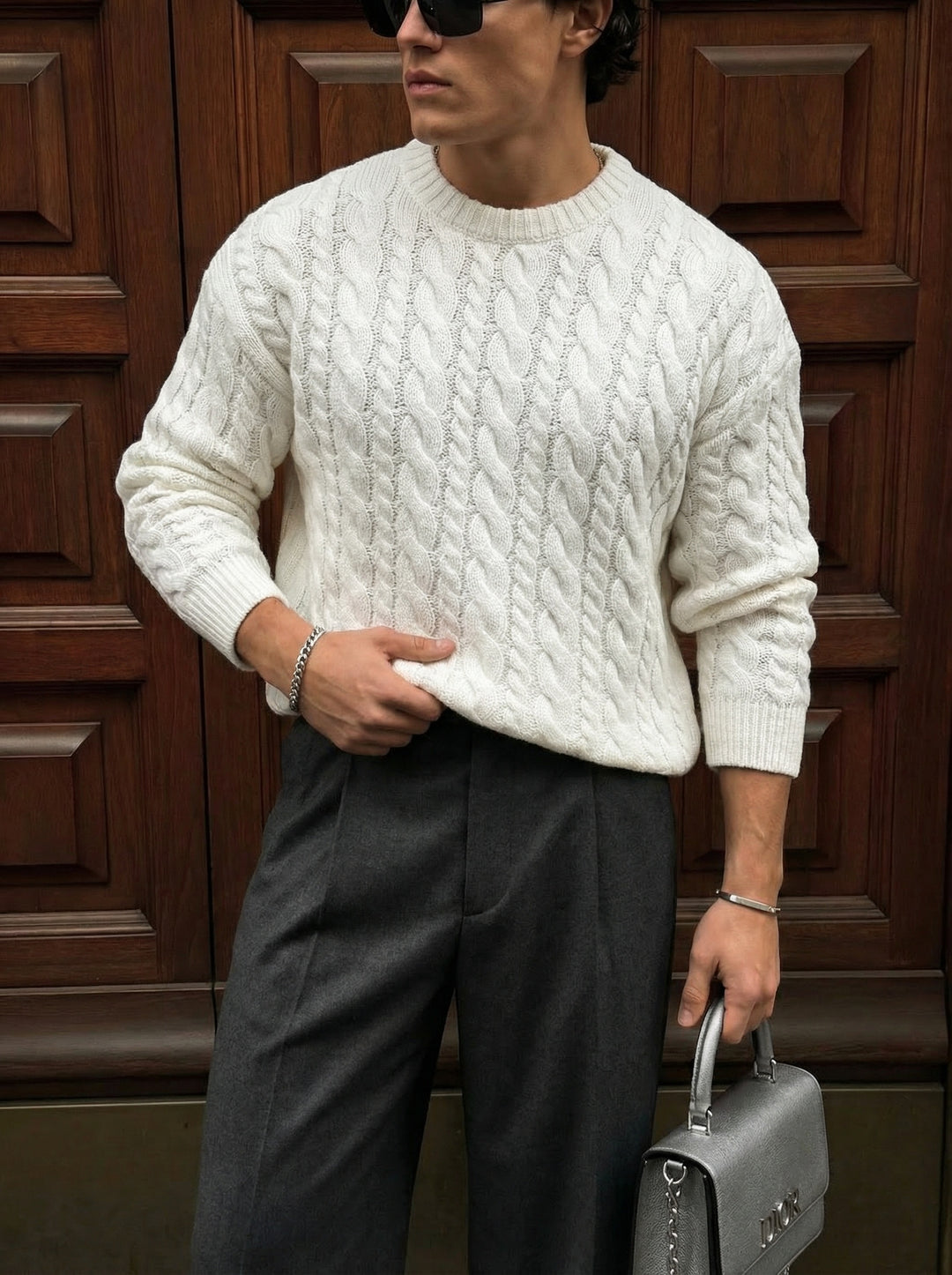 Oversize Knit Braid Sweater - White