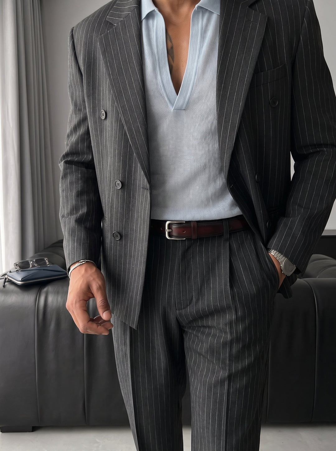 Oversize Pinstripe Double-Breasted Suit - Anthracite