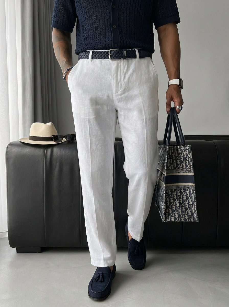 Loose Fit Linen Trousers - White