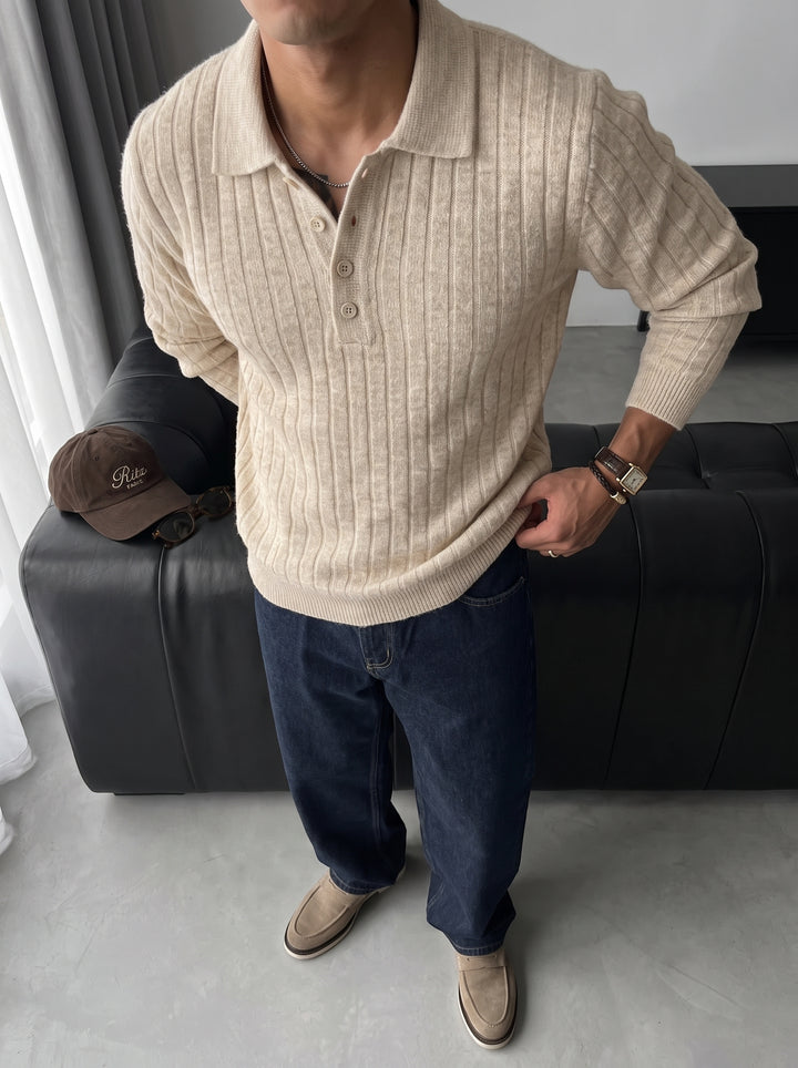 Loose Fit Polo Knit Pullover - Beige