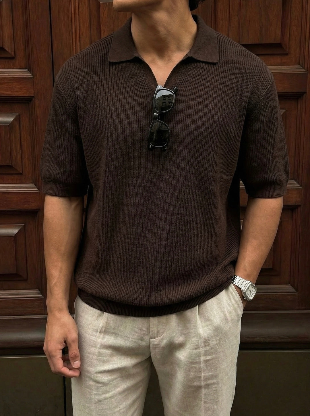 Loose fit fine knit collar T-Shirt - Dark Brown