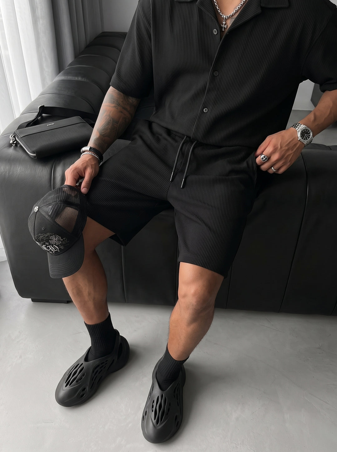Loose Fit Cord Shorts - Black