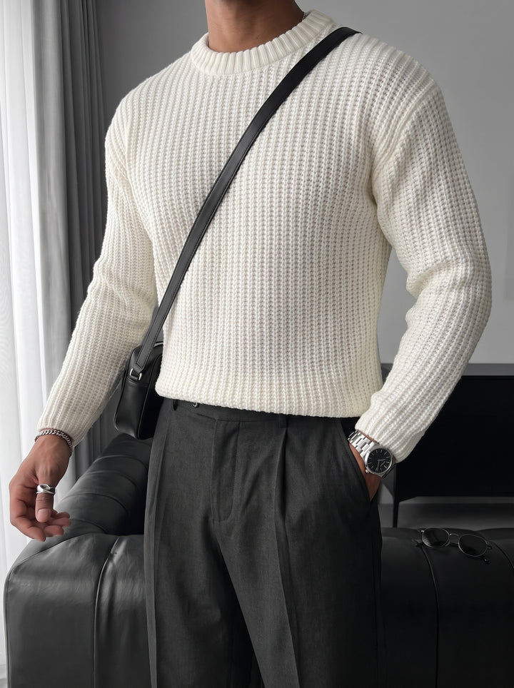 Slim Fit Braid Knit Sweater - White