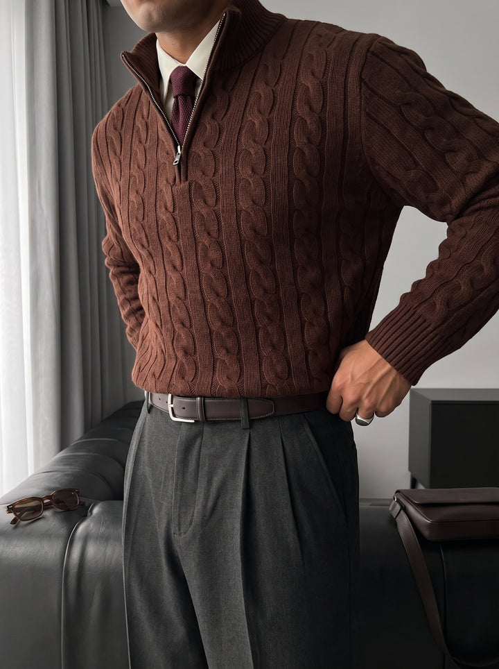 Oversize Collar Braid Pullover - Dark Brown