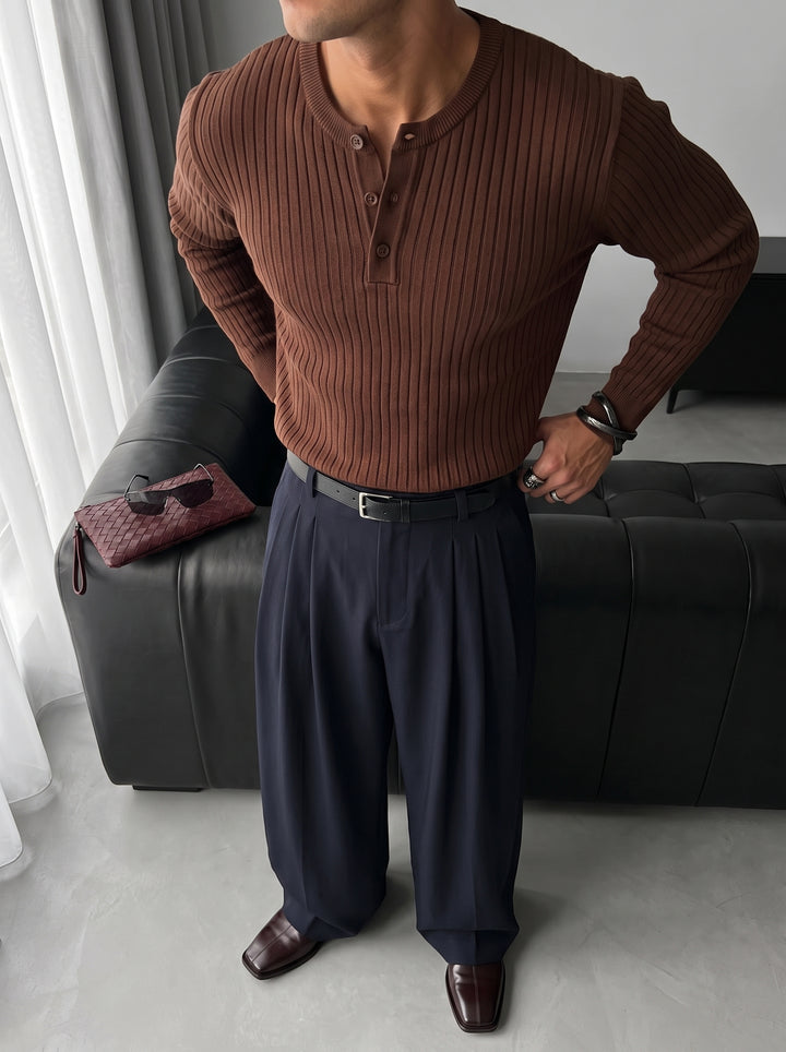 Slim Fit Button Knit Sweater - Brown