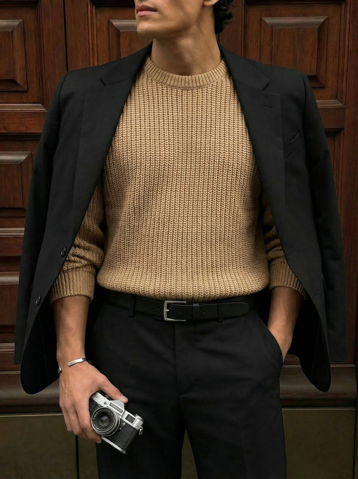 Oversize Structured Knit Sweater - Brown