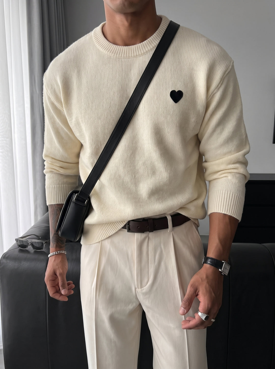 Loose Fit Heart Detail Sweater - Ecru