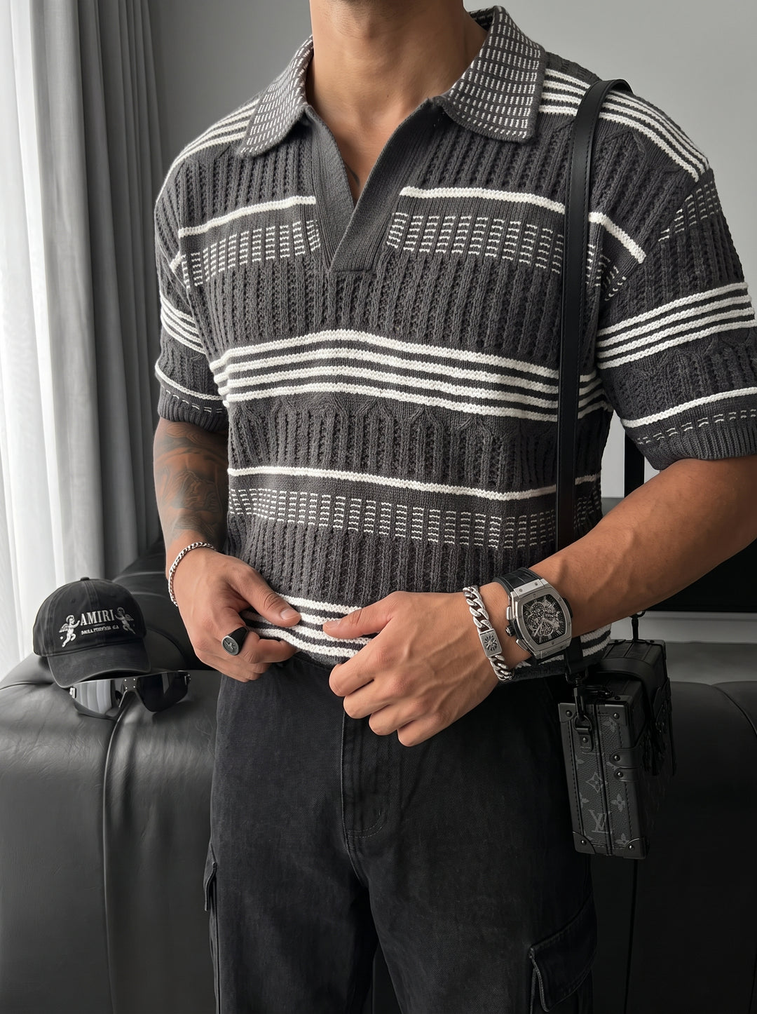 Loose Fit Patterned collar knit T-Shirt - Anthracite