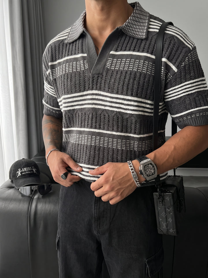 Loose Fit Patterned collar knit T-Shirt - Anthracite